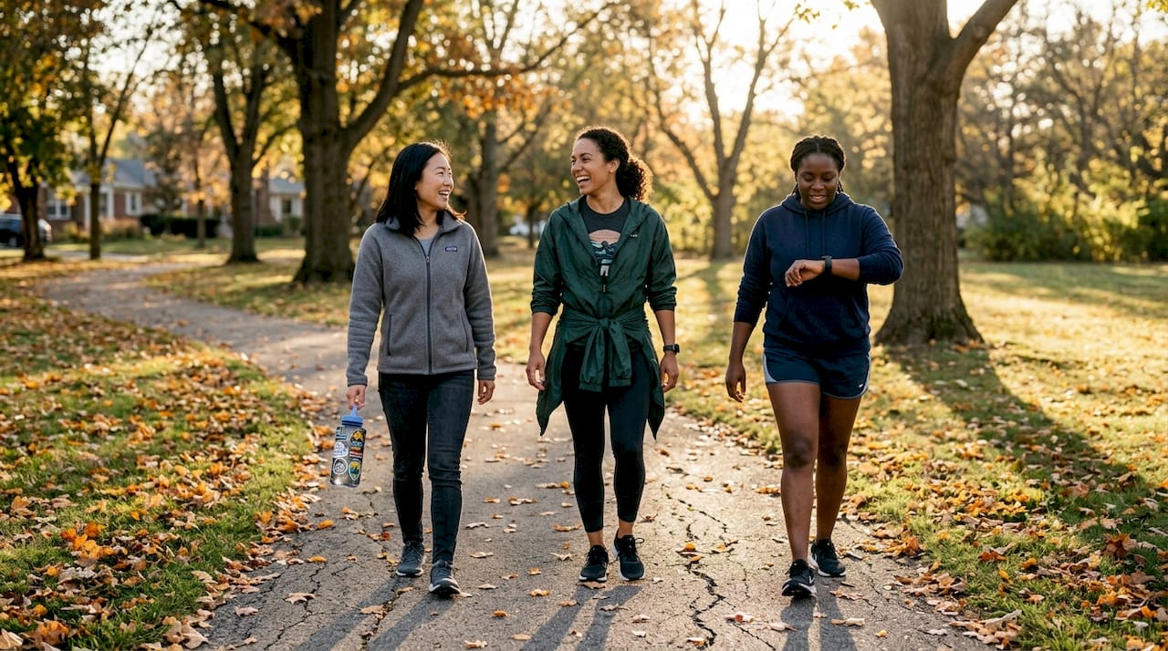 Diverse women walking and talking in park