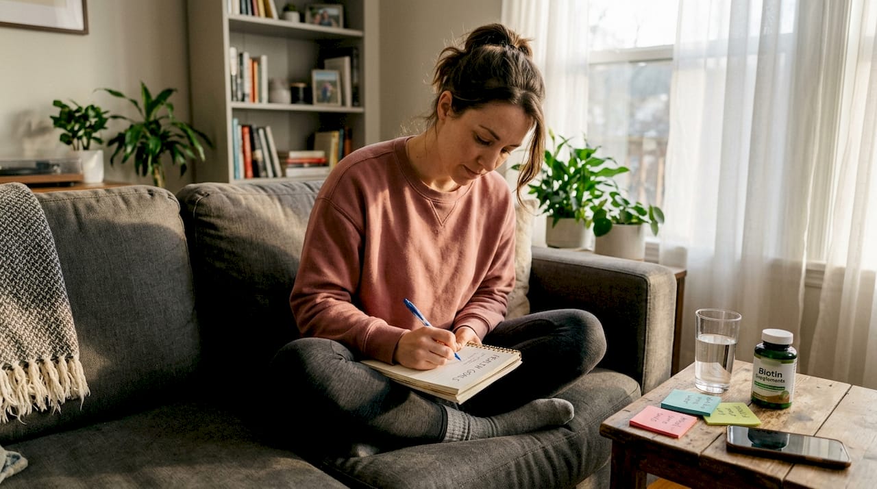 Woman journaling health goals with supplements nearby