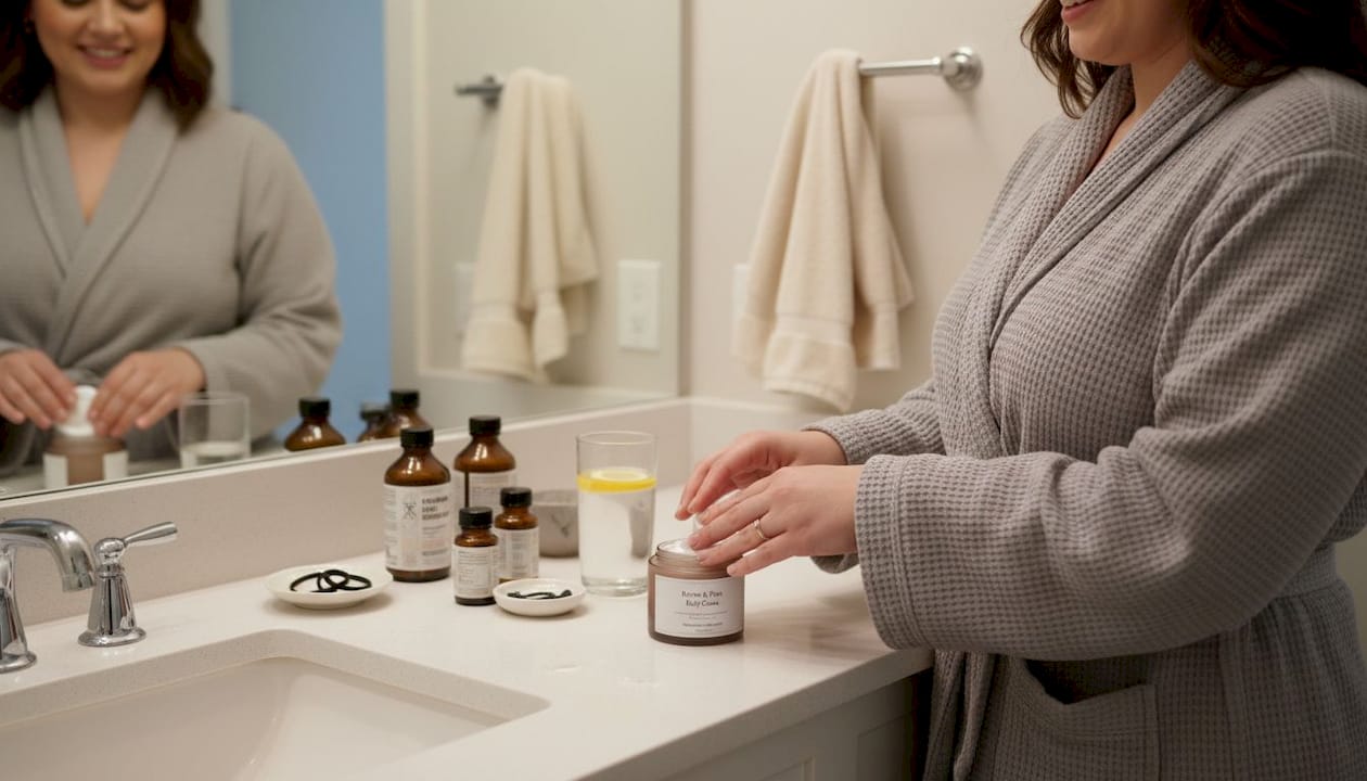 Curvy woman preparing cosmetic products for use