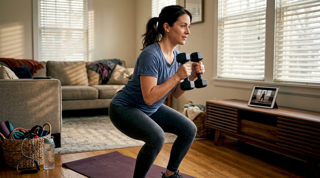 Woman strength training with dumbbells at home
