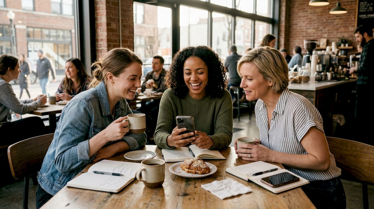 Women discussing body image at coffee shop