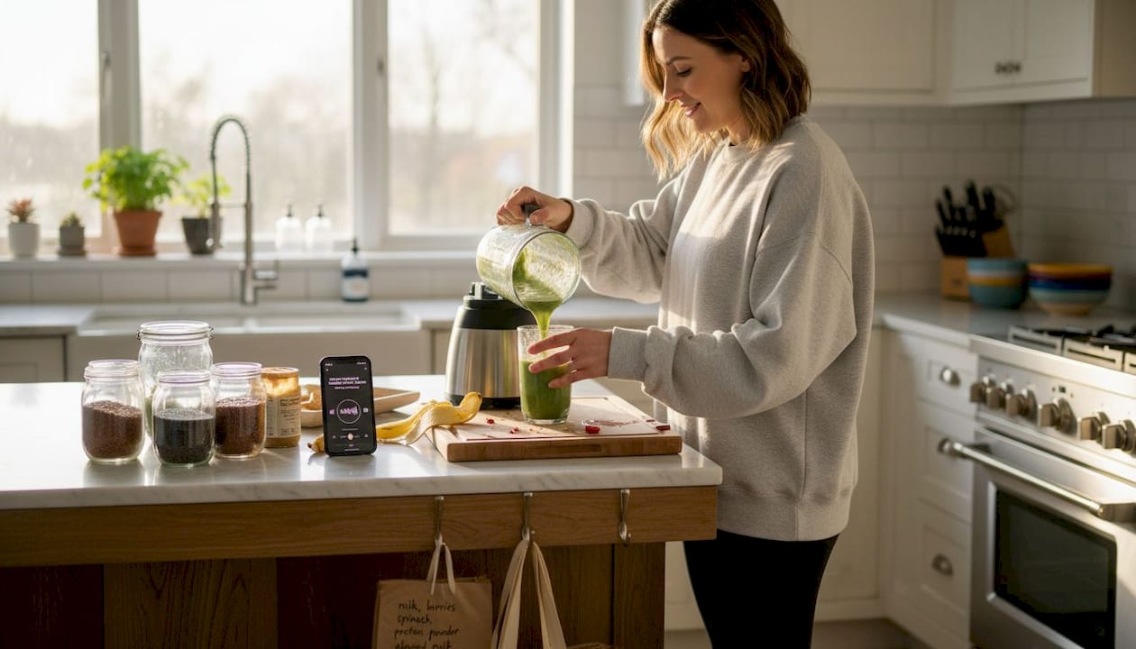 Woman blending smoothie for wellness routine