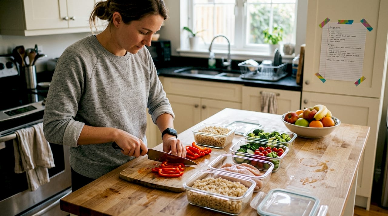 Woman meal preps healthy food in kitchen