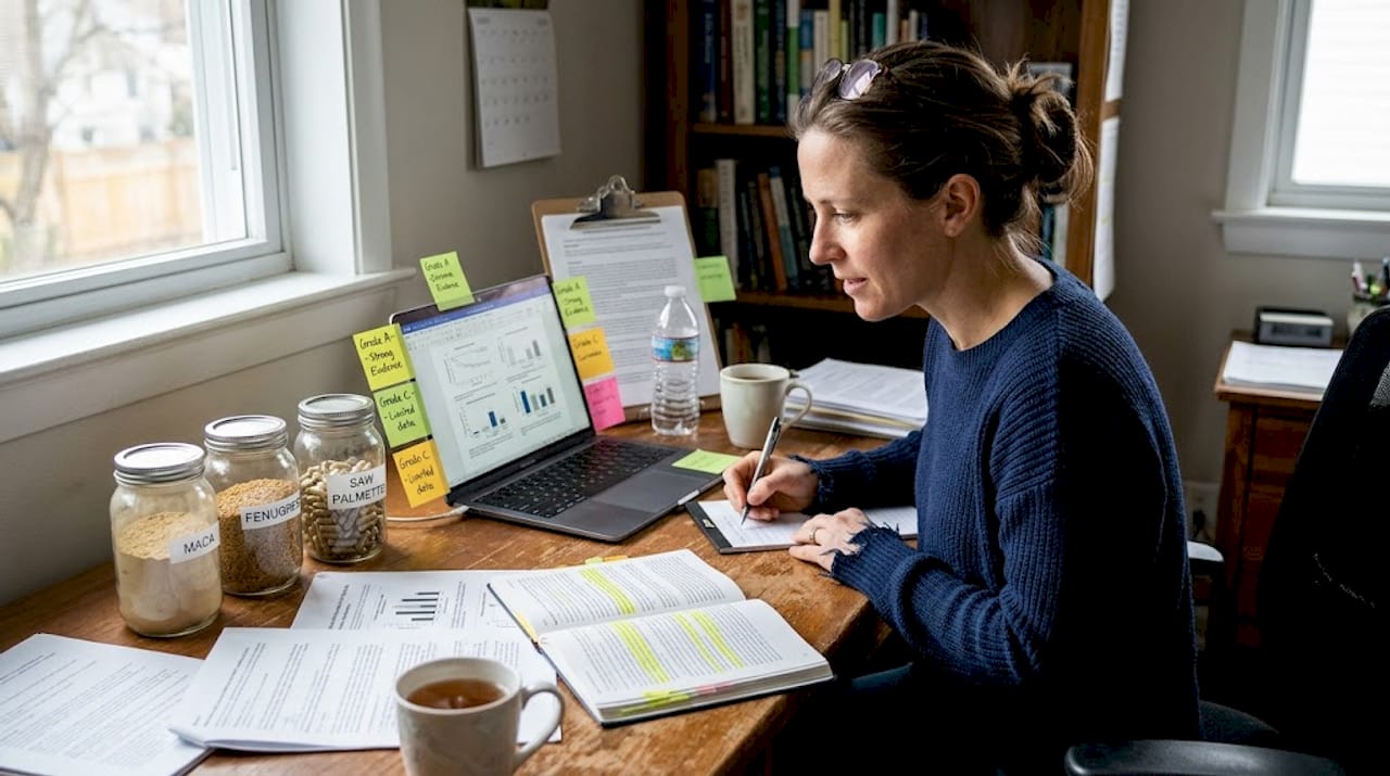 Nutrition researcher examining herbal supplement samples