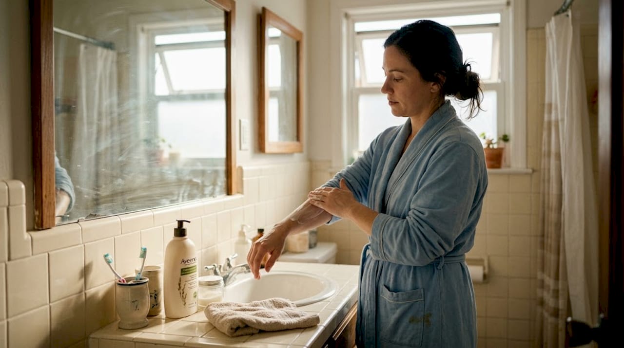 Woman moisturizing arms in home bathroom