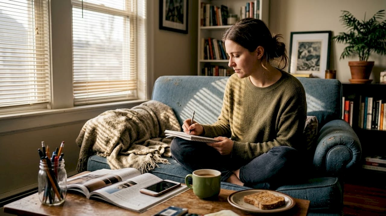Woman journaling in casual home workspace