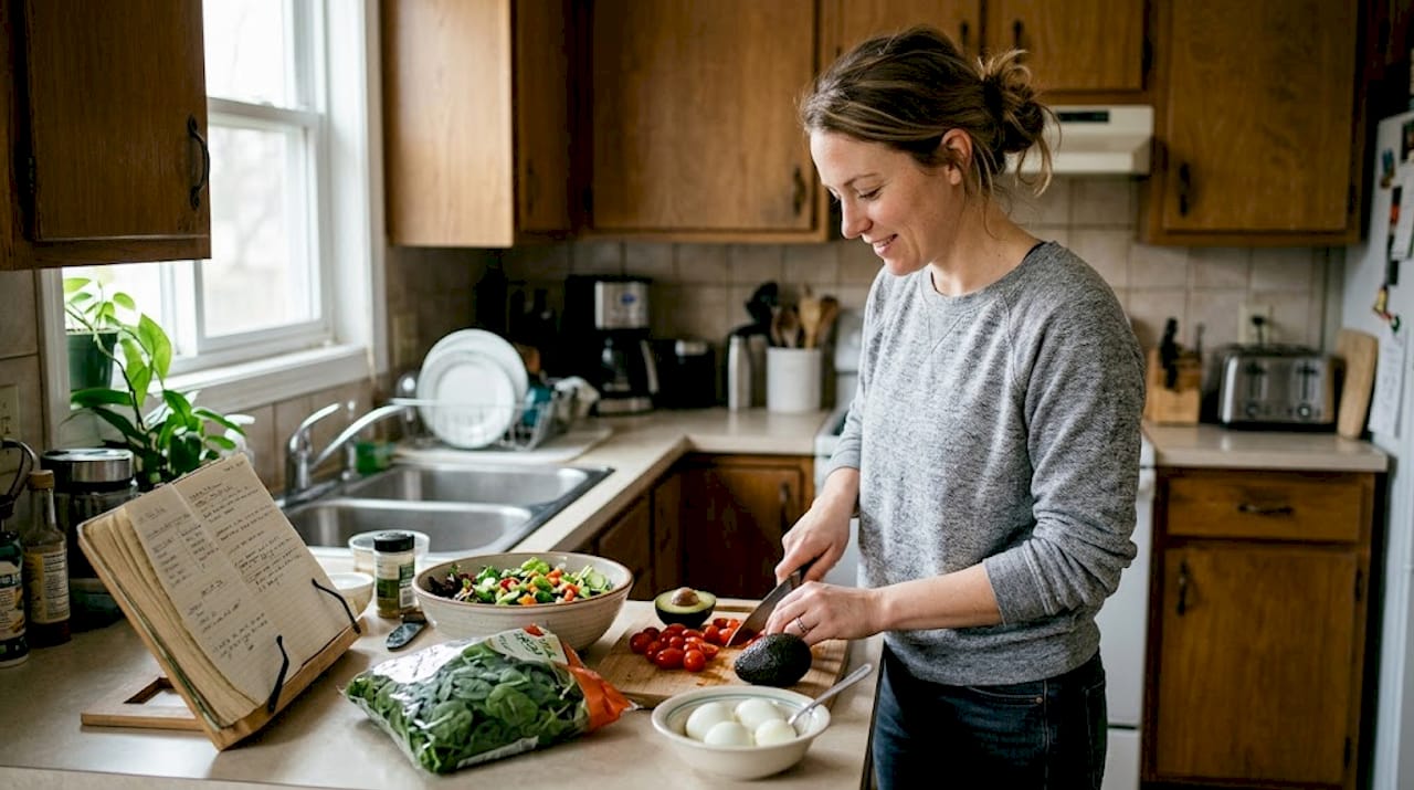 Woman preparing nutrient-rich meal in kitchen