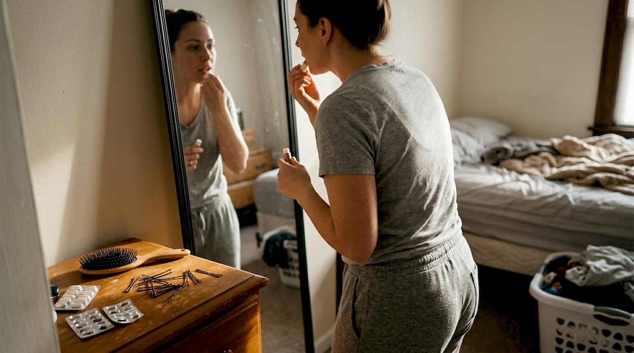 Woman casually getting ready in bedroom