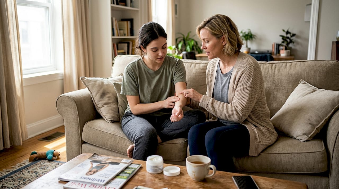 Women comparing skin texture at home