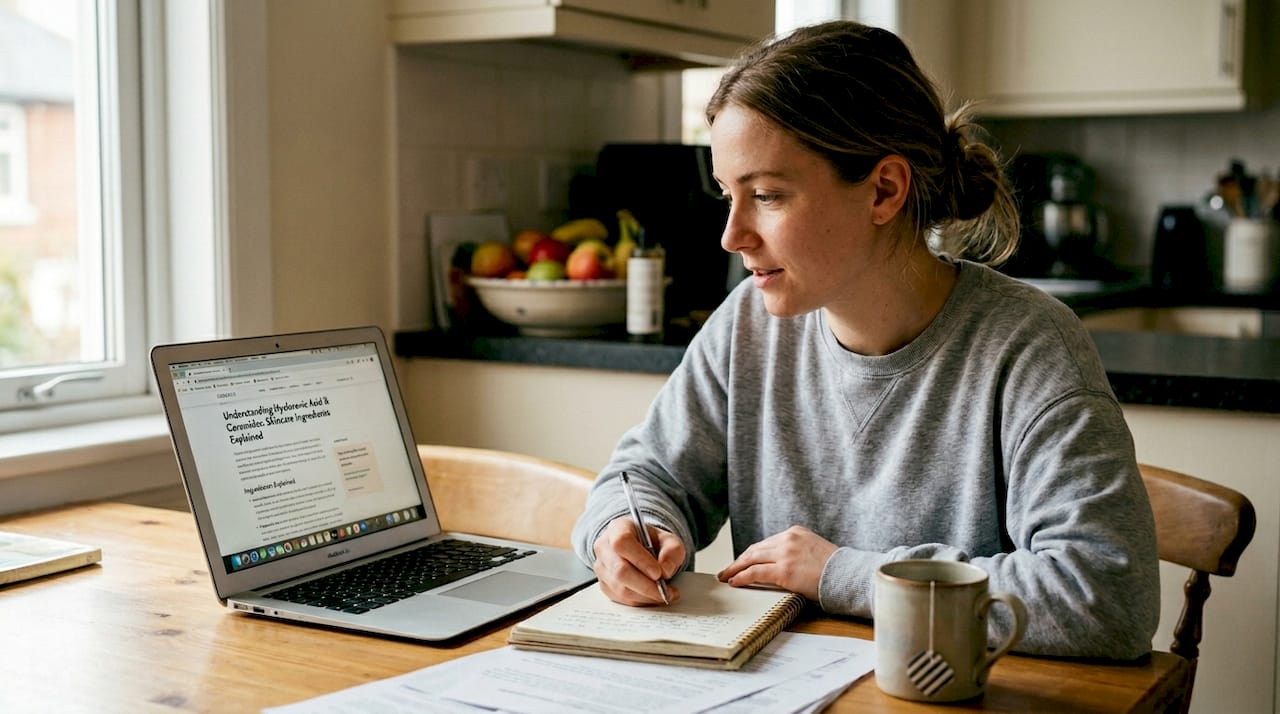 Woman researching skincare ingredients at table