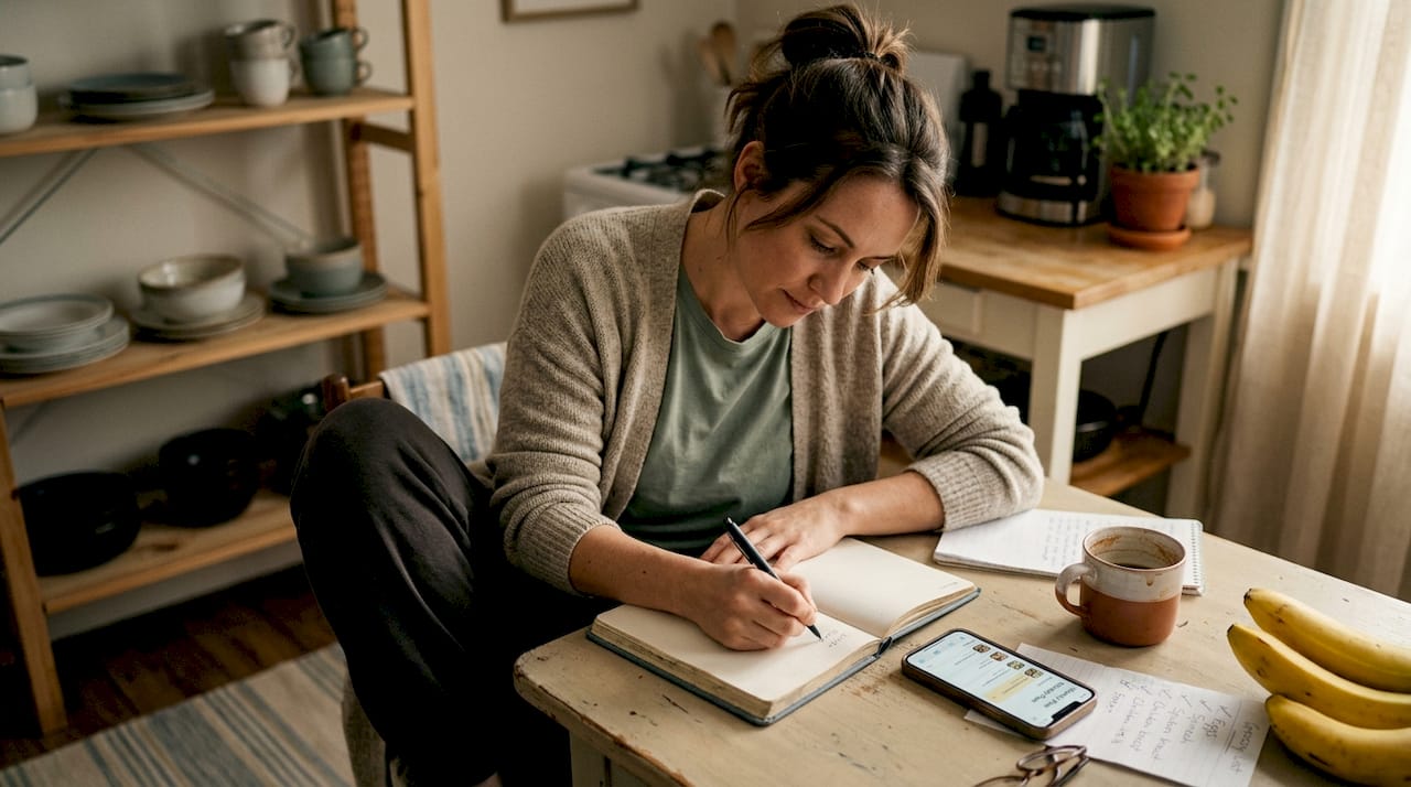 Woman journaling measurements at kitchen table