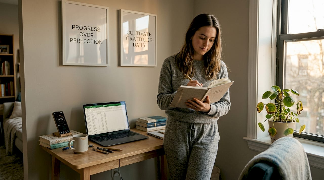 Woman journaling for self-reflection in home office