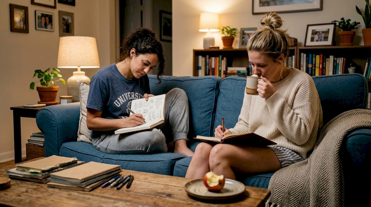 Friends journaling for confidence in living room