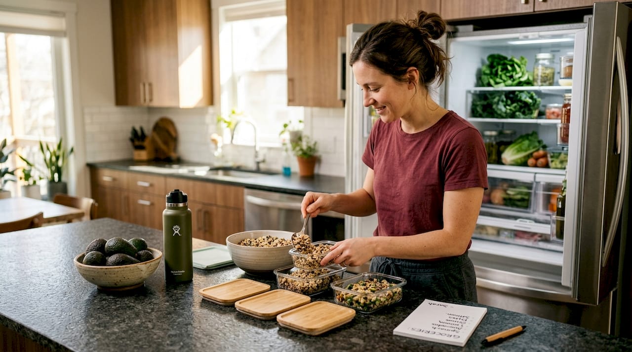 Woman preparing healthy meals in home kitchen