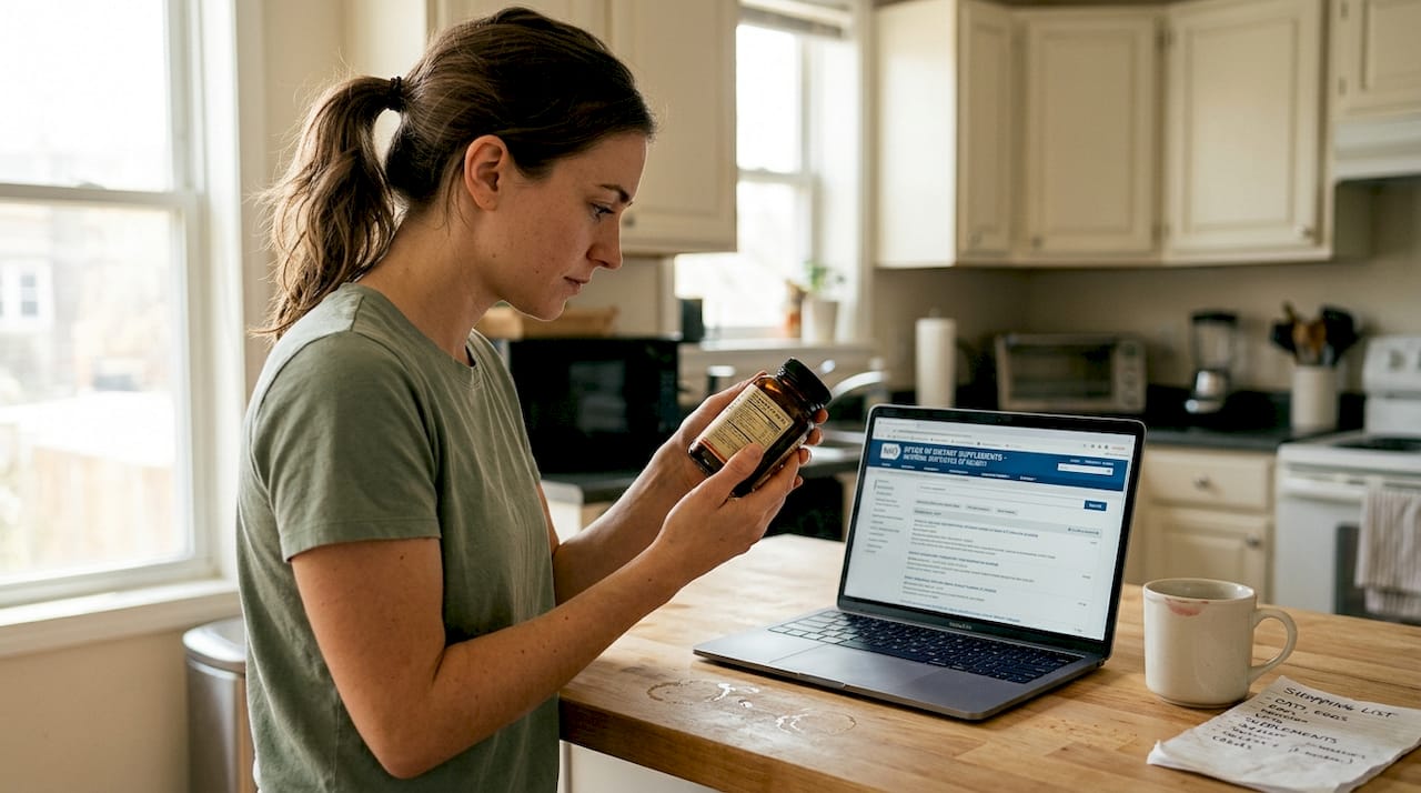 Woman reading supplement bottle at home