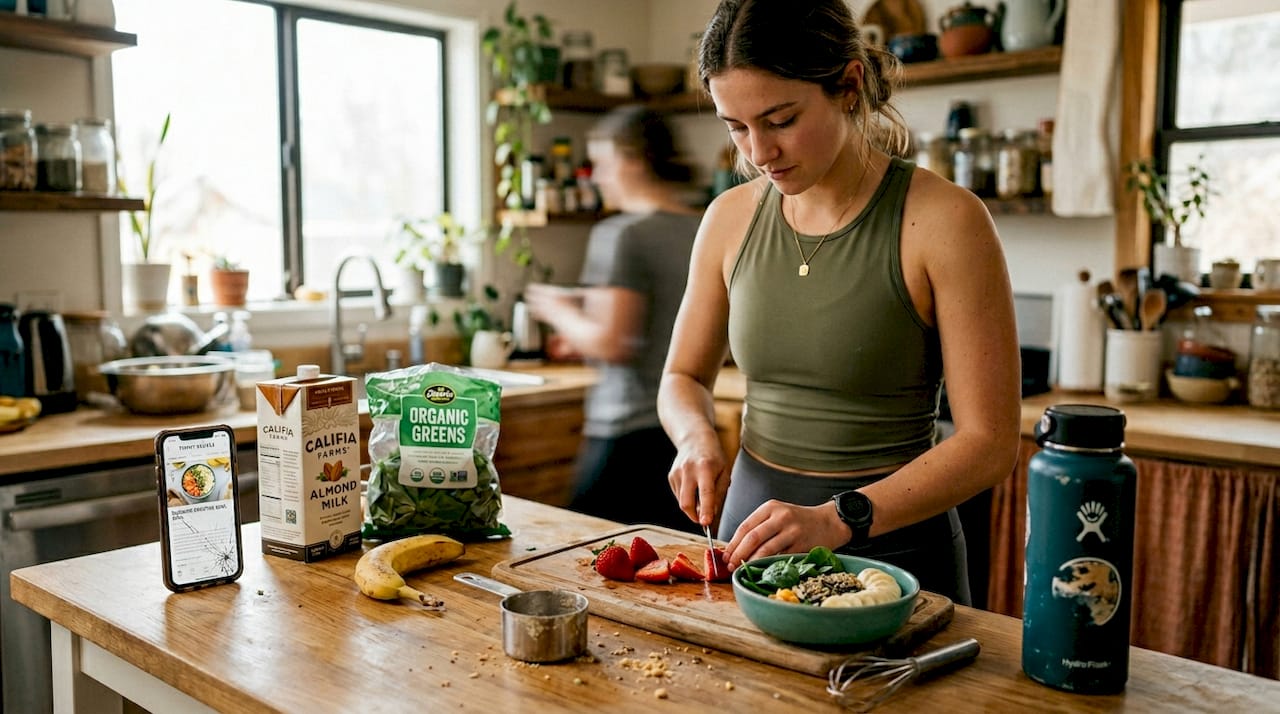 Woman preparing healthy smoothie bowl in kitchen