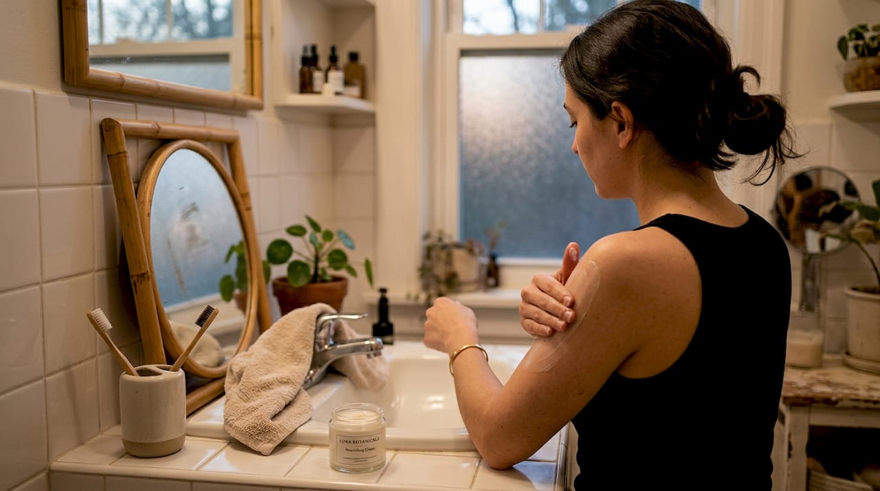 Woman applying lotion in bathroom for self-care
