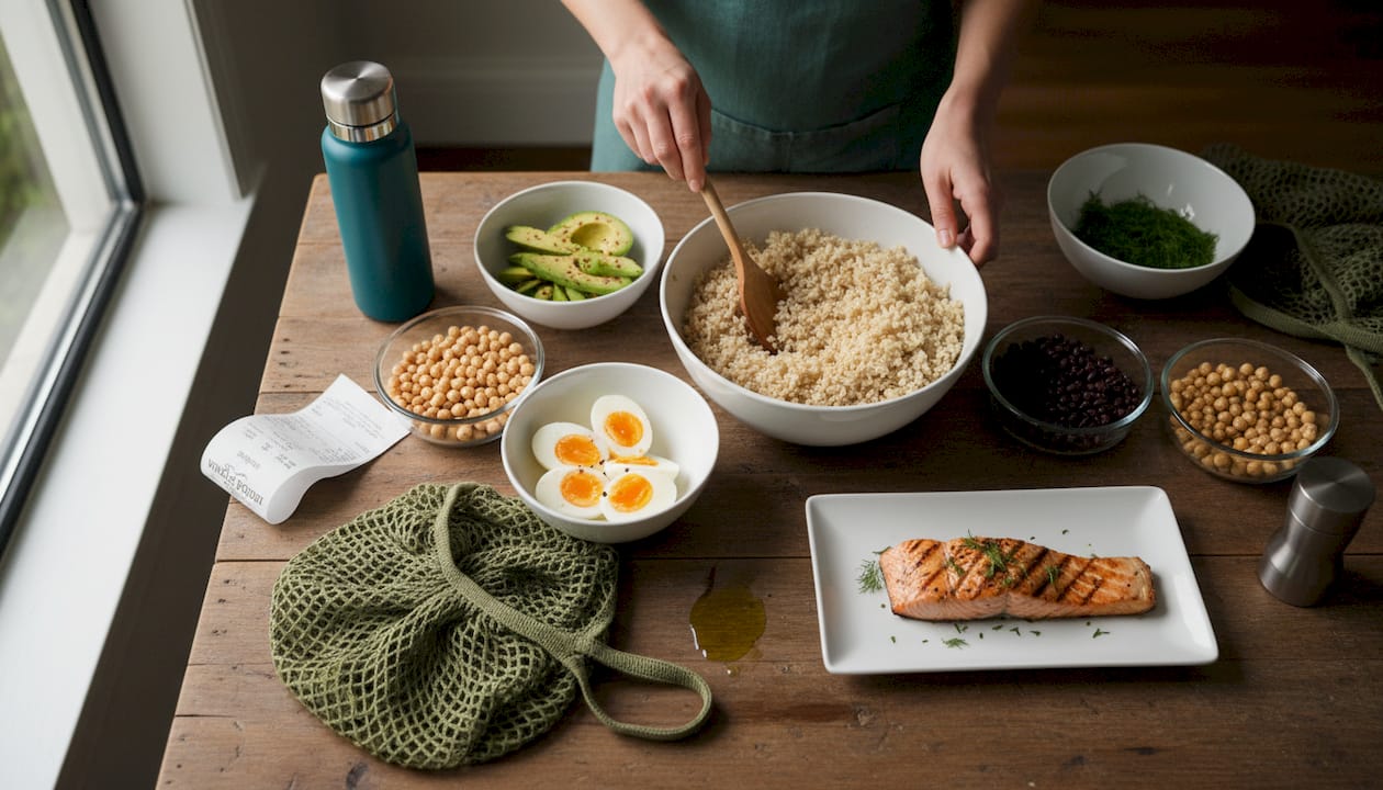 Assorted meal prep foods on a messy table