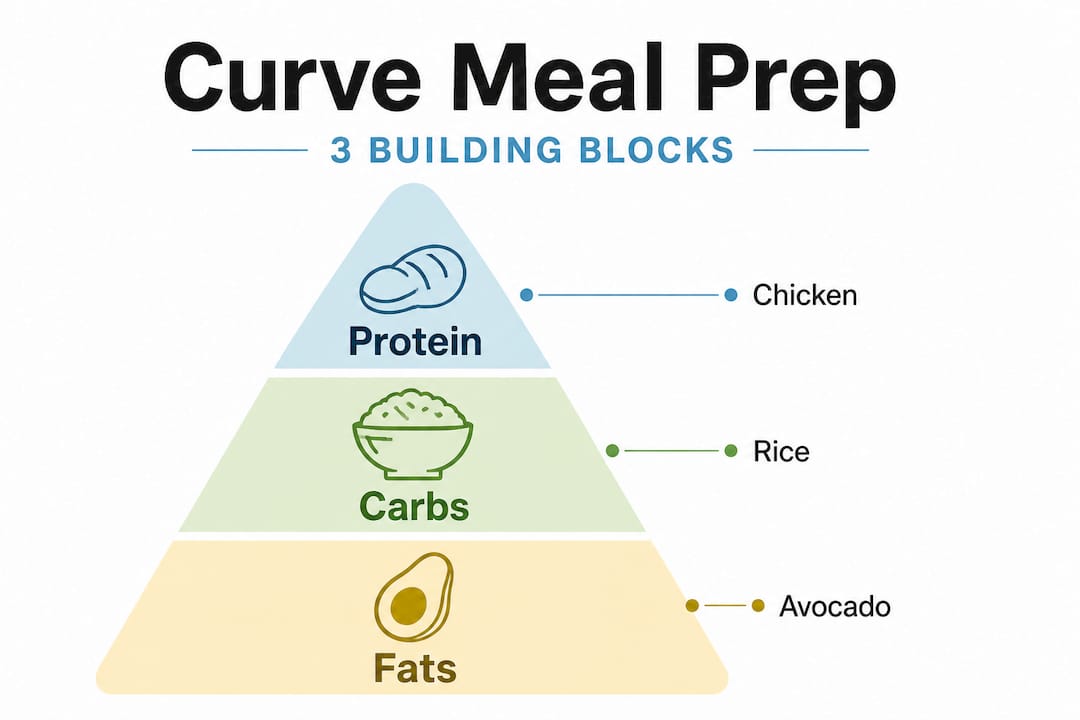 Pyramid infographic showing protein, carbs, fats hierarchy