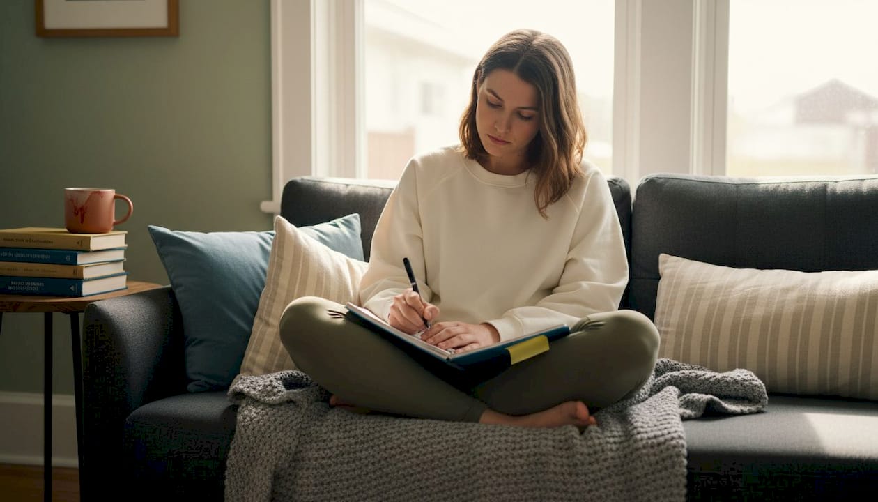 Woman journaling for confidence at home
