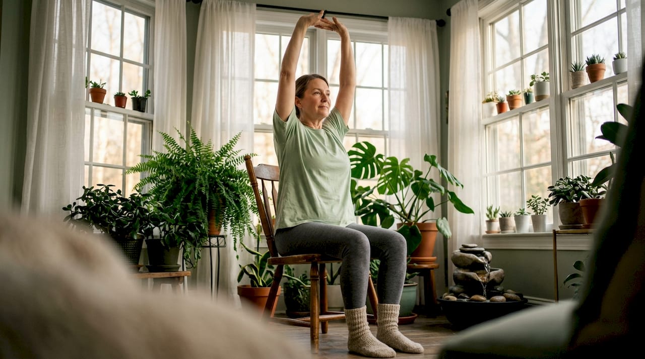 Woman doing chair yoga in home setting