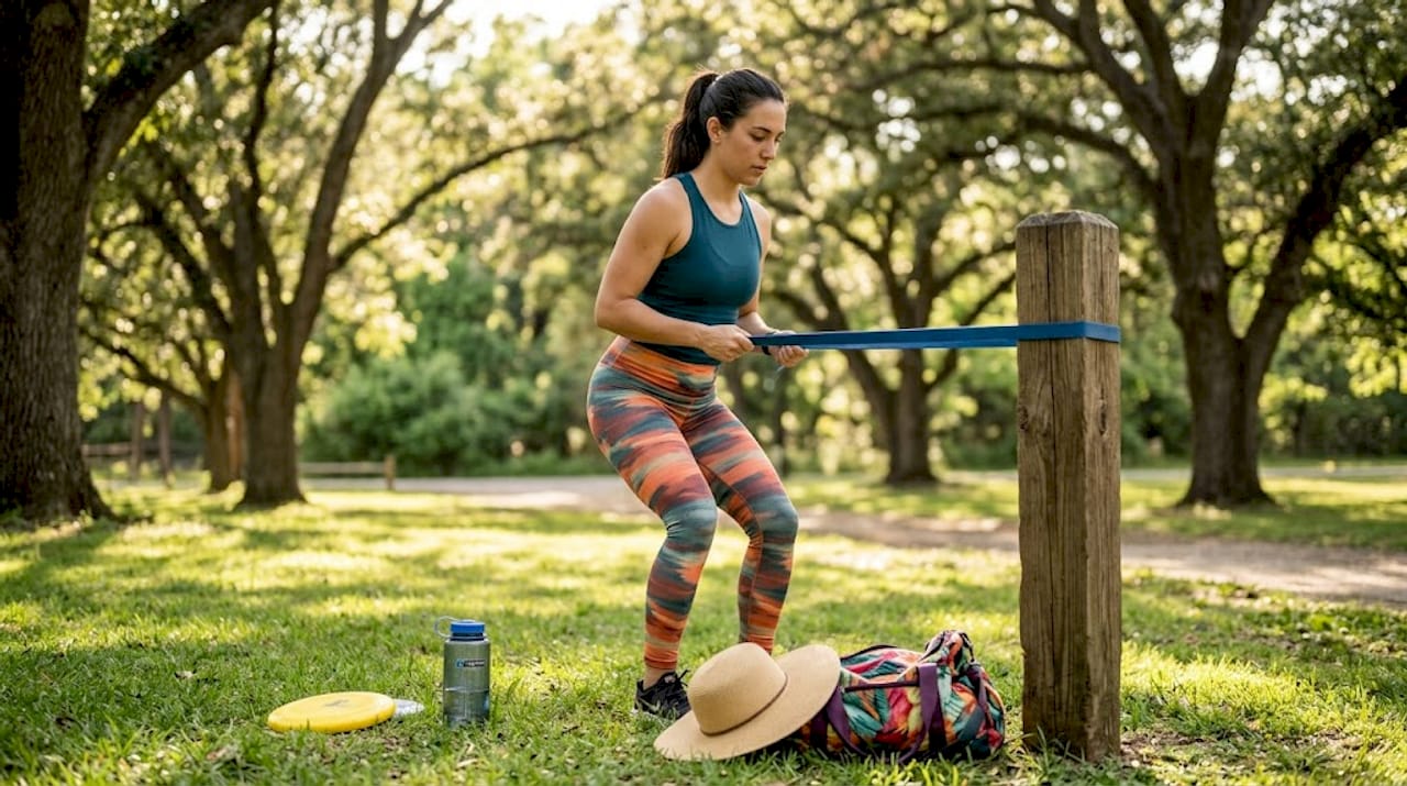 Woman using resistance band at city park