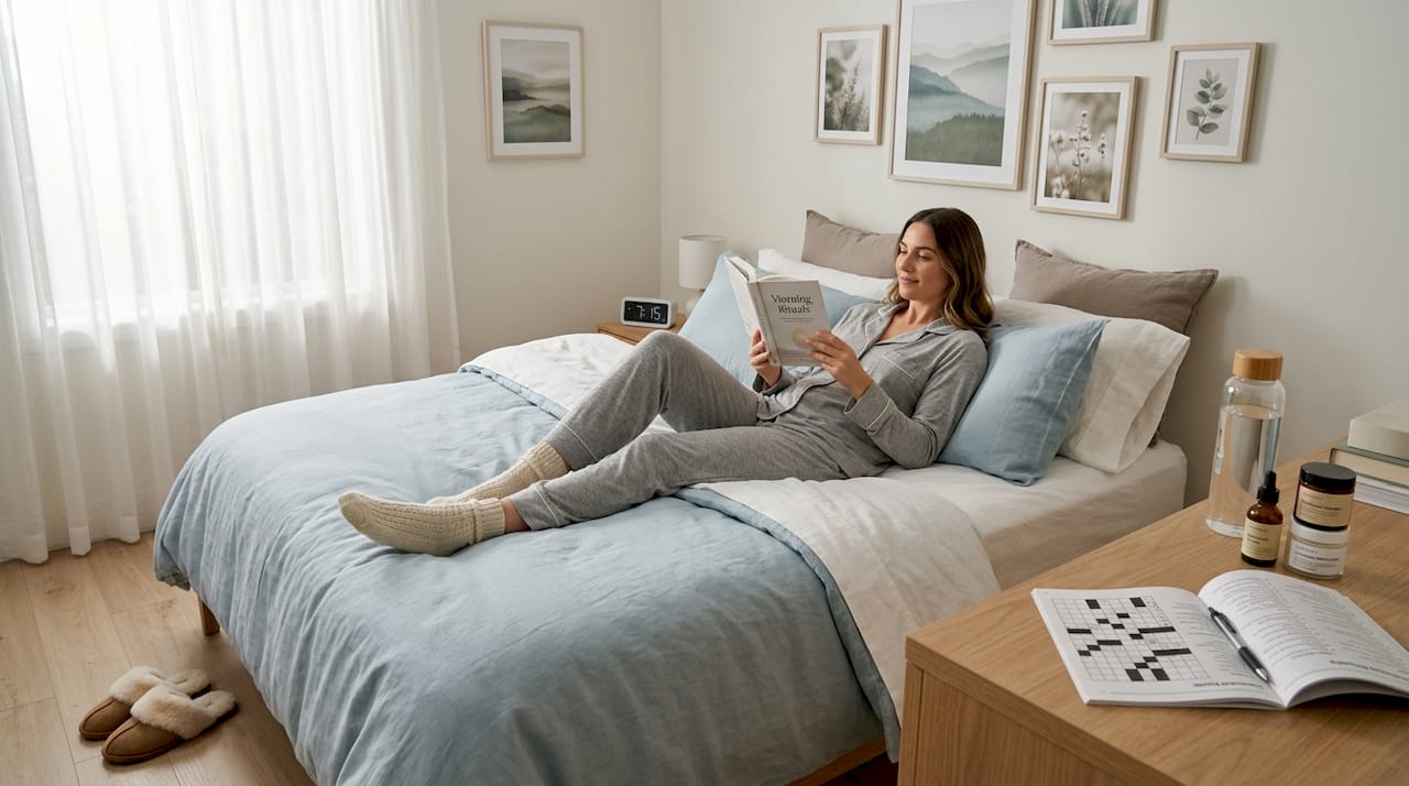 Woman reading in cozy nighttime bedroom