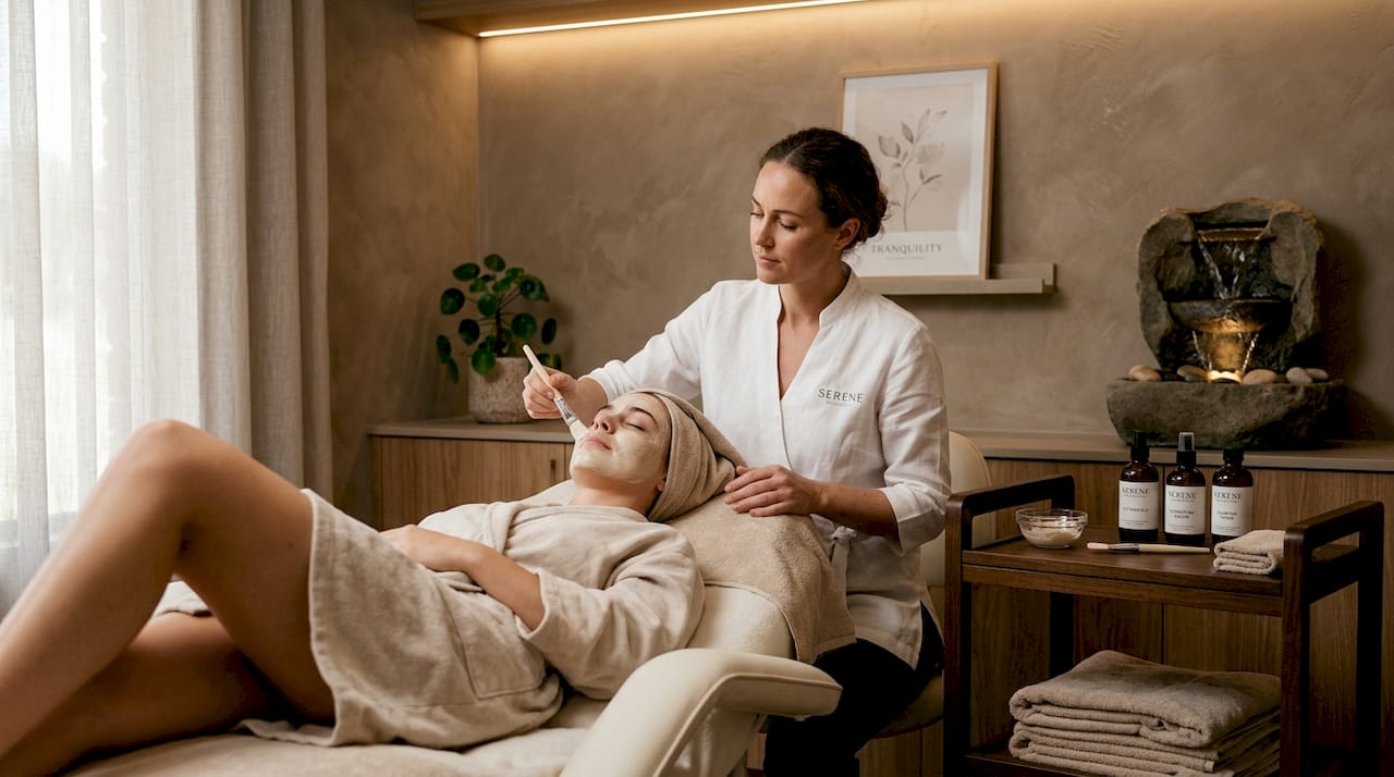 Esthetician applying facial mask in studio