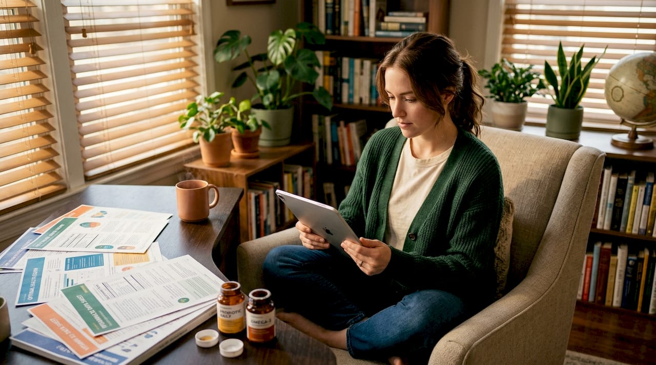 Woman researching supplements on sofa with tablet