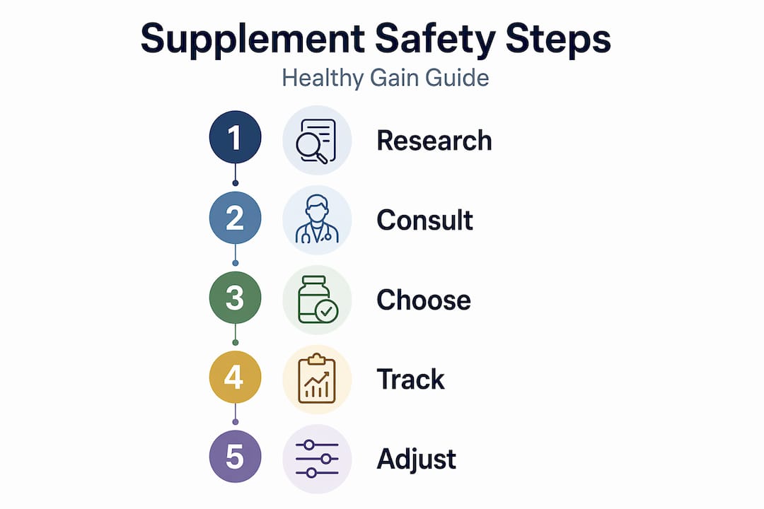 Vertical flow infographic showing supplement safety steps