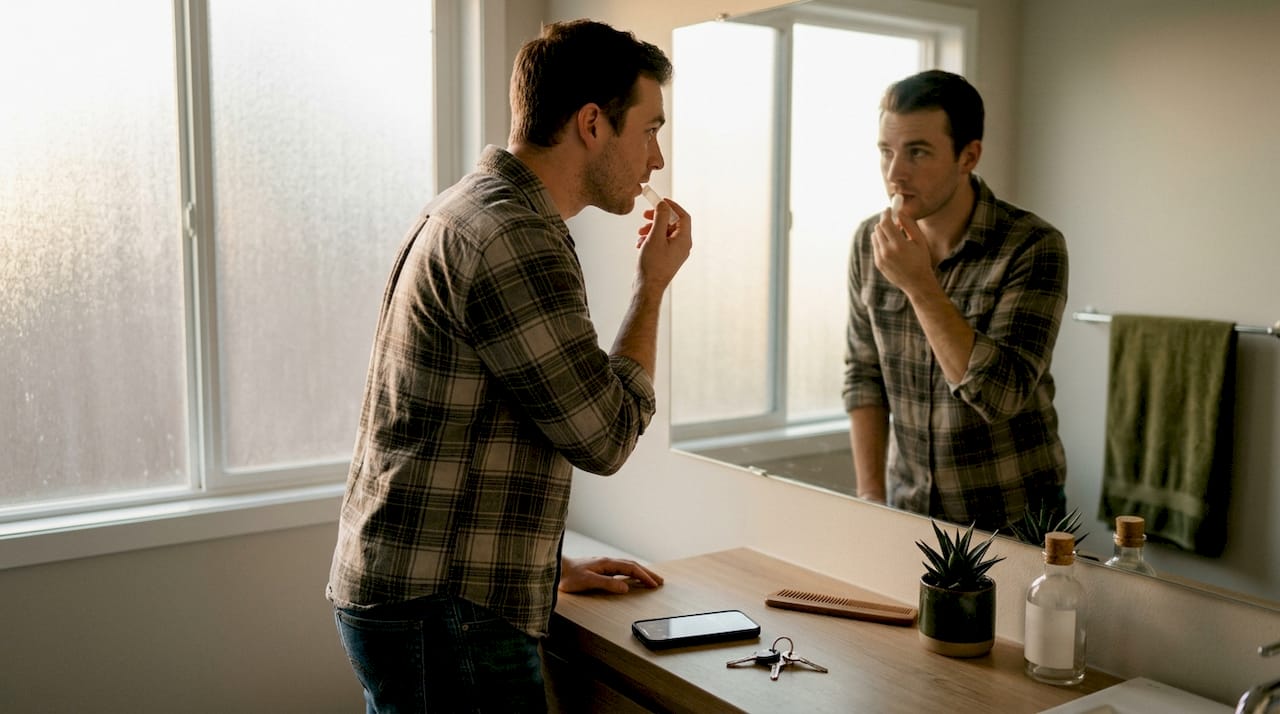 Man applying lip balm at hallway mirror
