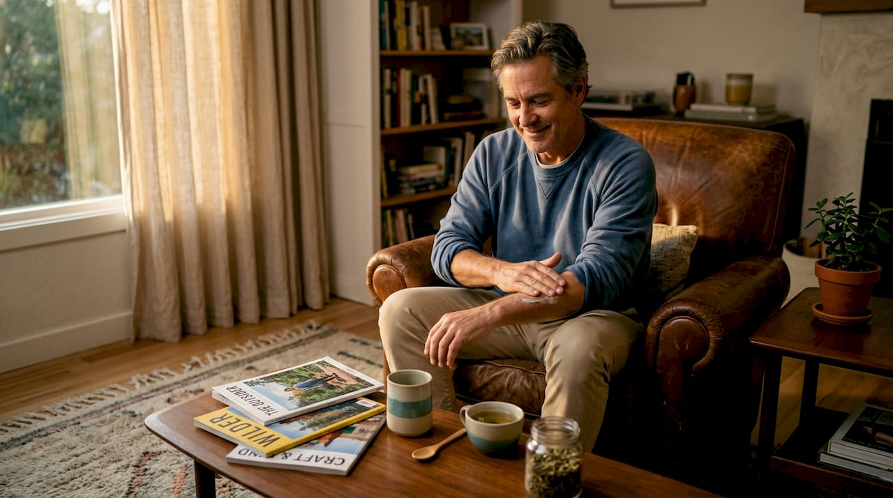 Man applying lotion sitting in living room