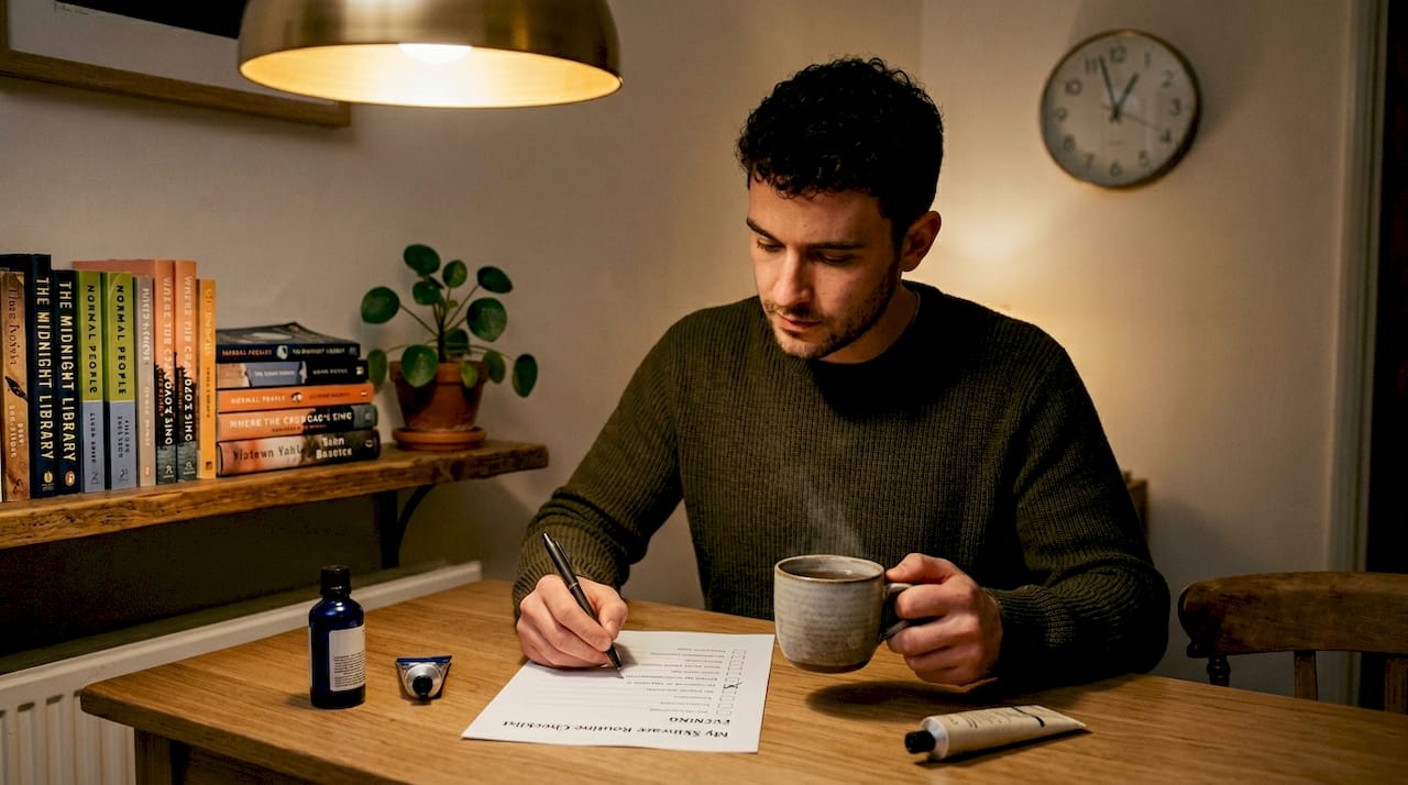 Man checking self-care list at kitchen table