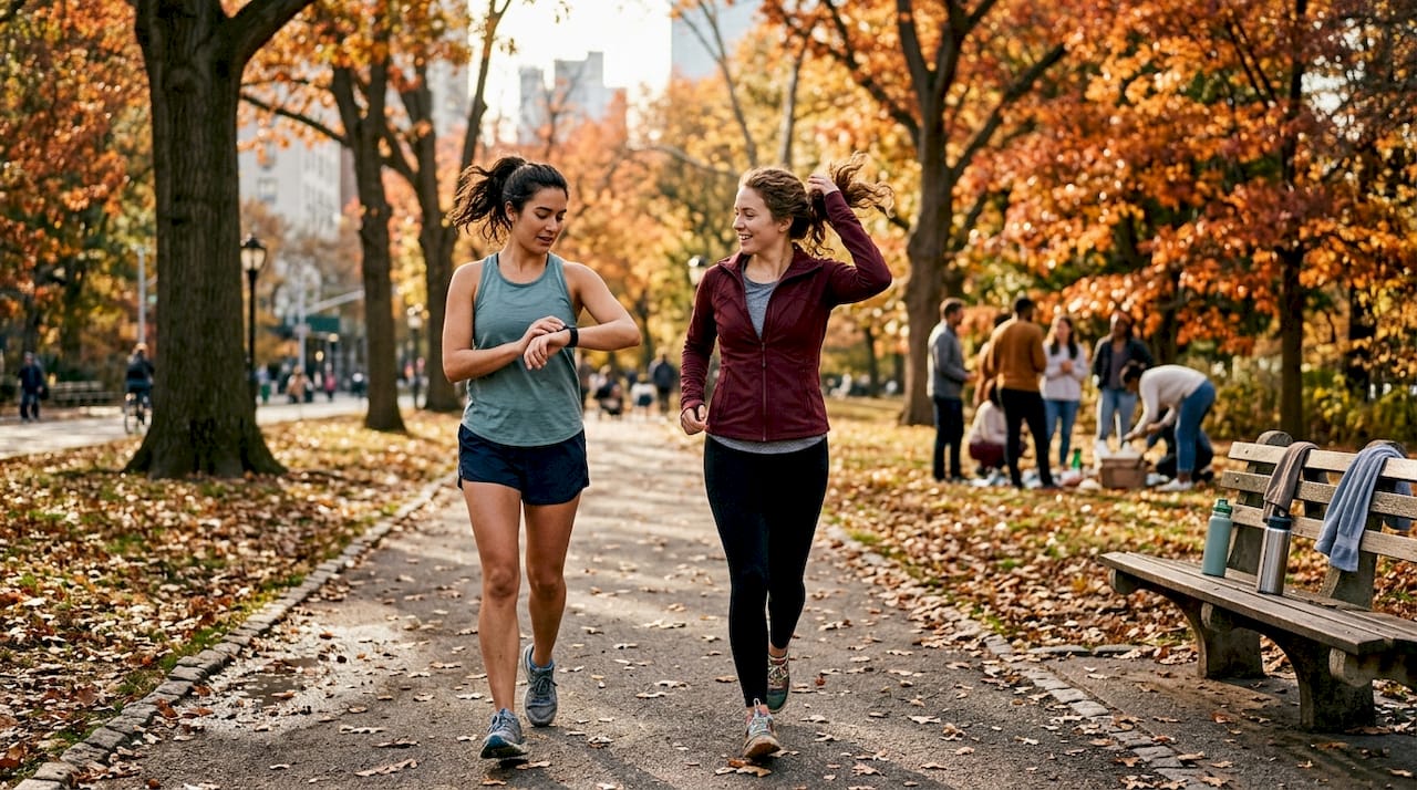 Women jogging together in autumn city park