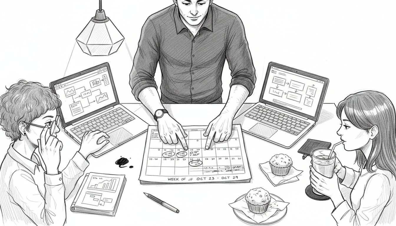 Hands coordinating calendar for group schedule