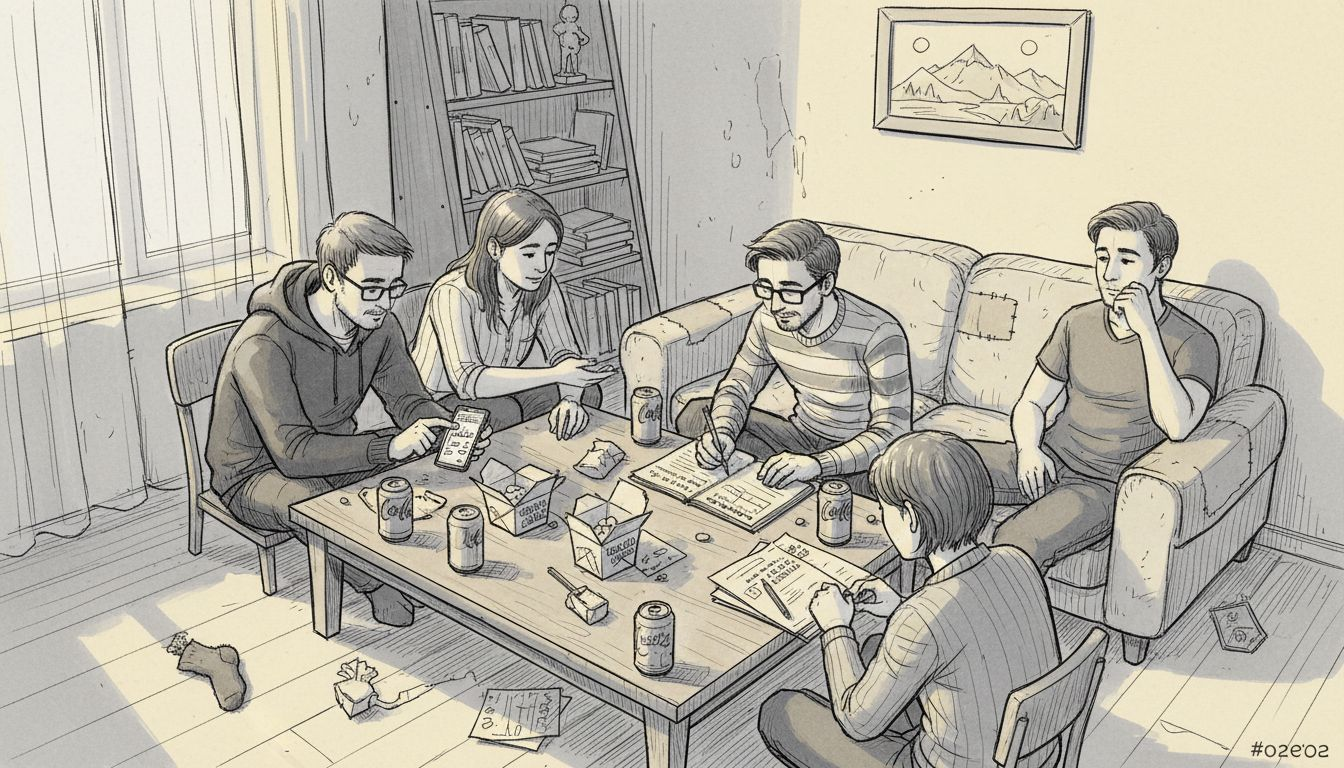 Friends planning in a lived-in living room