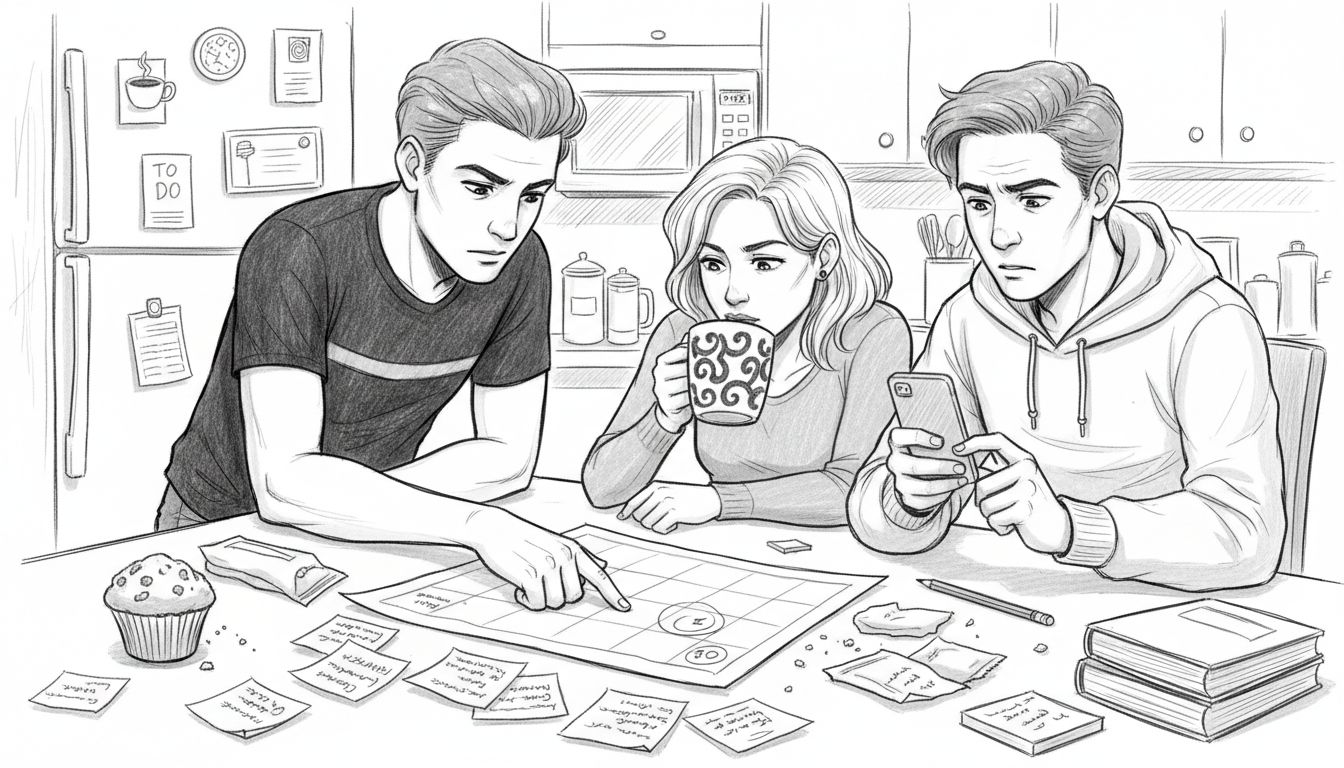 Friends debating plans at kitchen table