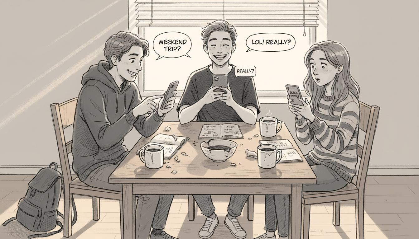 Group of friends planning on phones at table