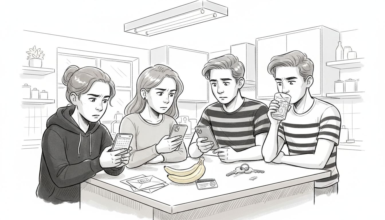 Friends compare schedules at kitchen counter