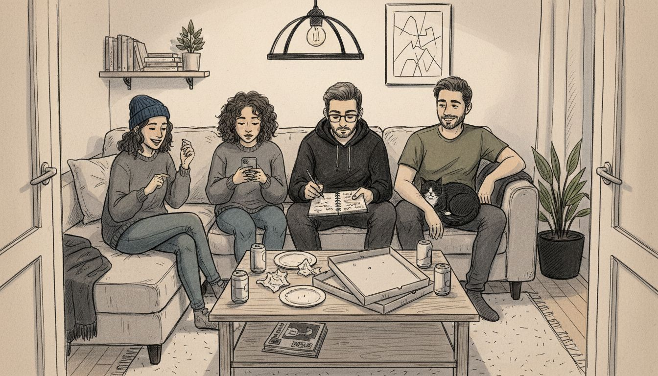 Friends organizing plans on couch, messaging on phone