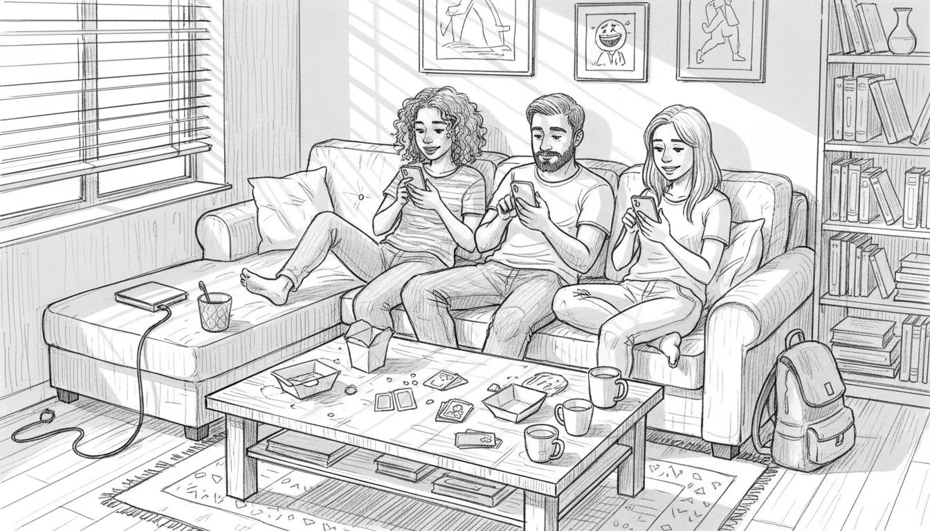 Friends chatting on phones in cozy living room