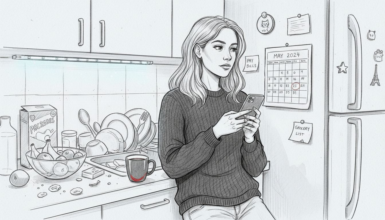 Woman planning on phone in kitchen by calendar