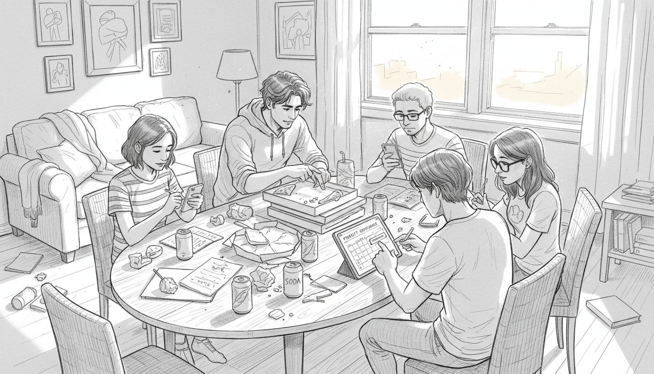 Friends coordinating hangout with phones and notes