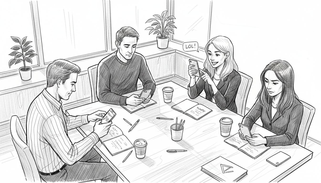 Team interacting with group chat at office table