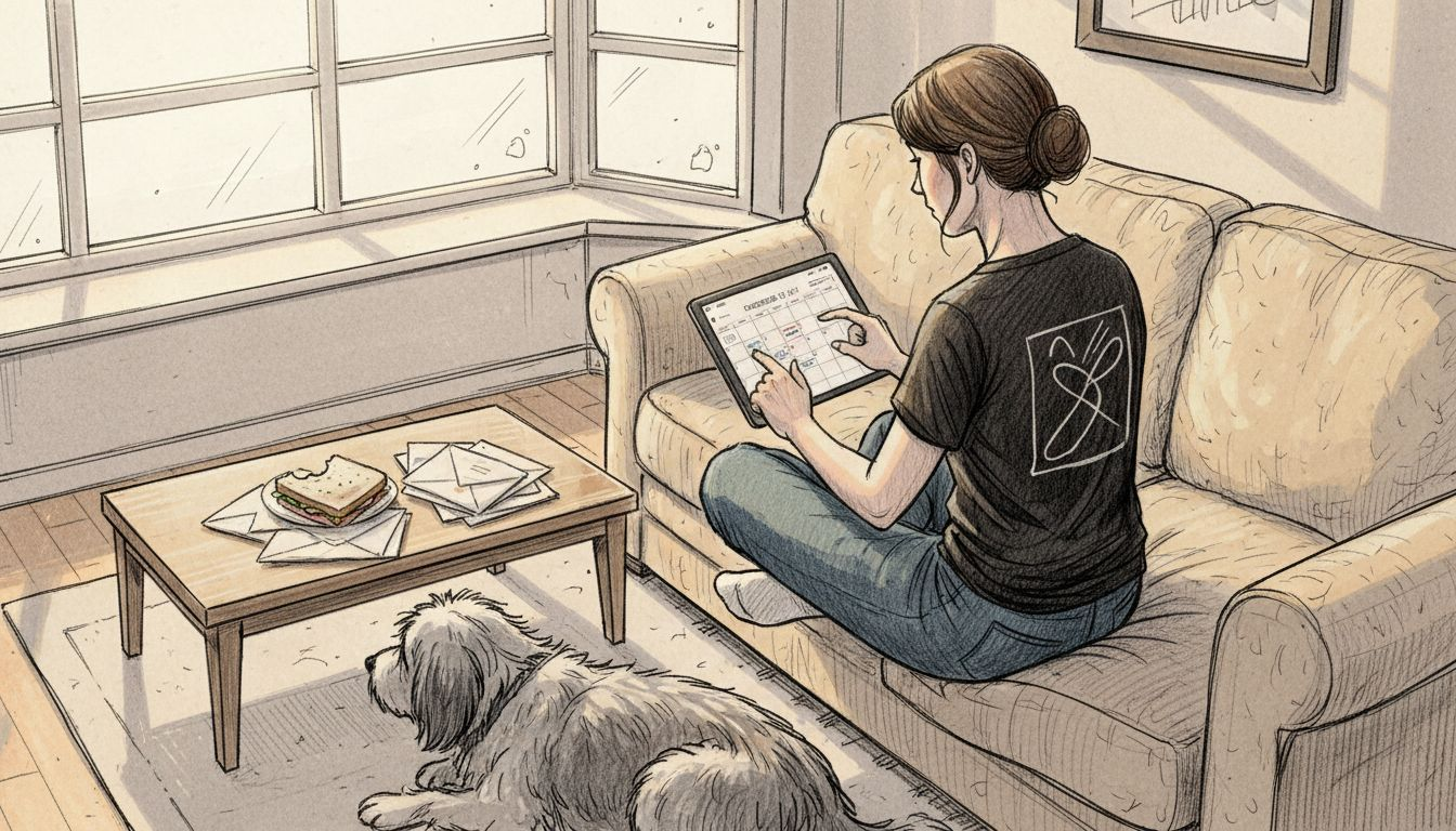 Woman confirming schedule on tablet in living room