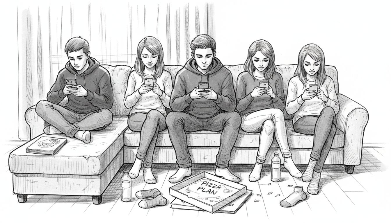 Students scheduling hangout in casual living room