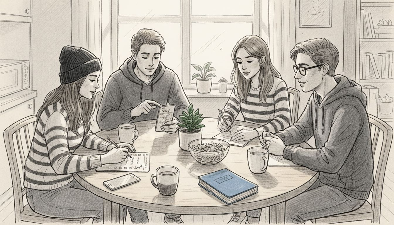 Friends organizing group checklist at table