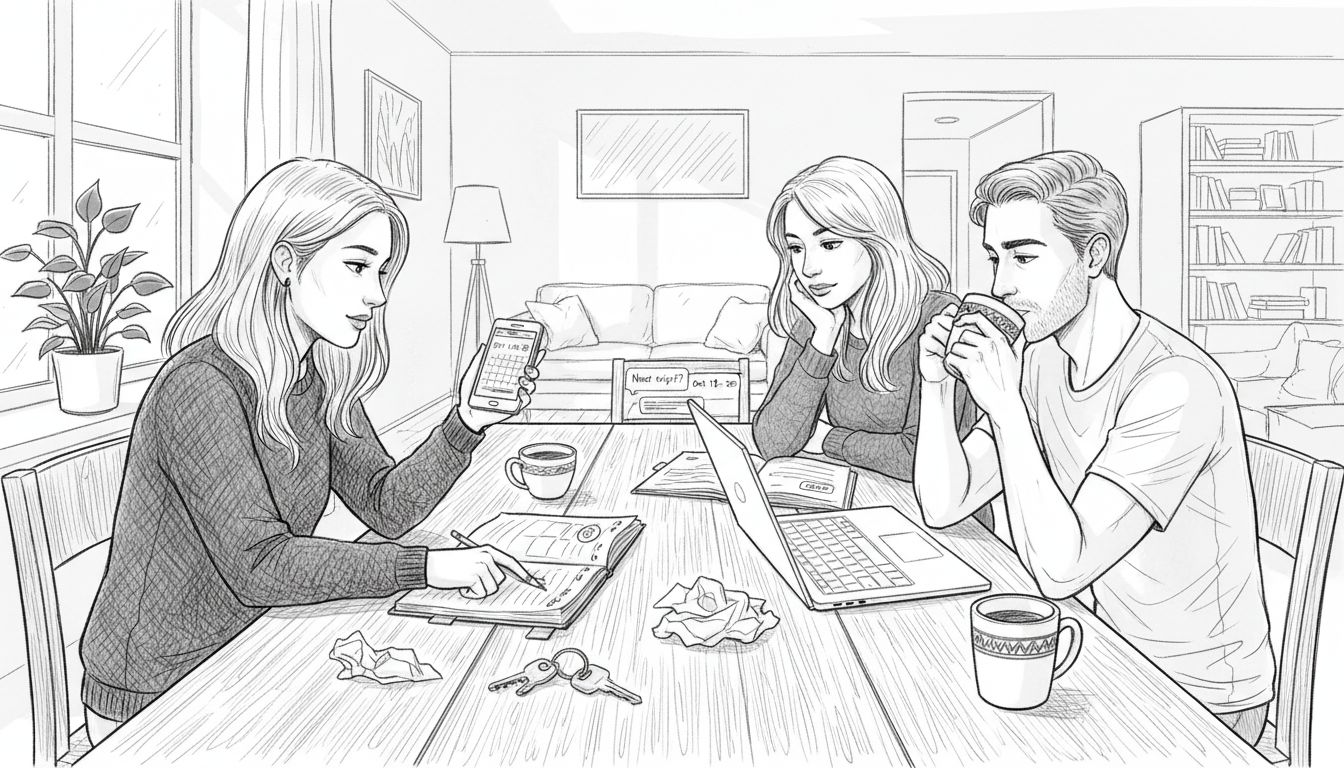 Friends comparing schedules at dining table