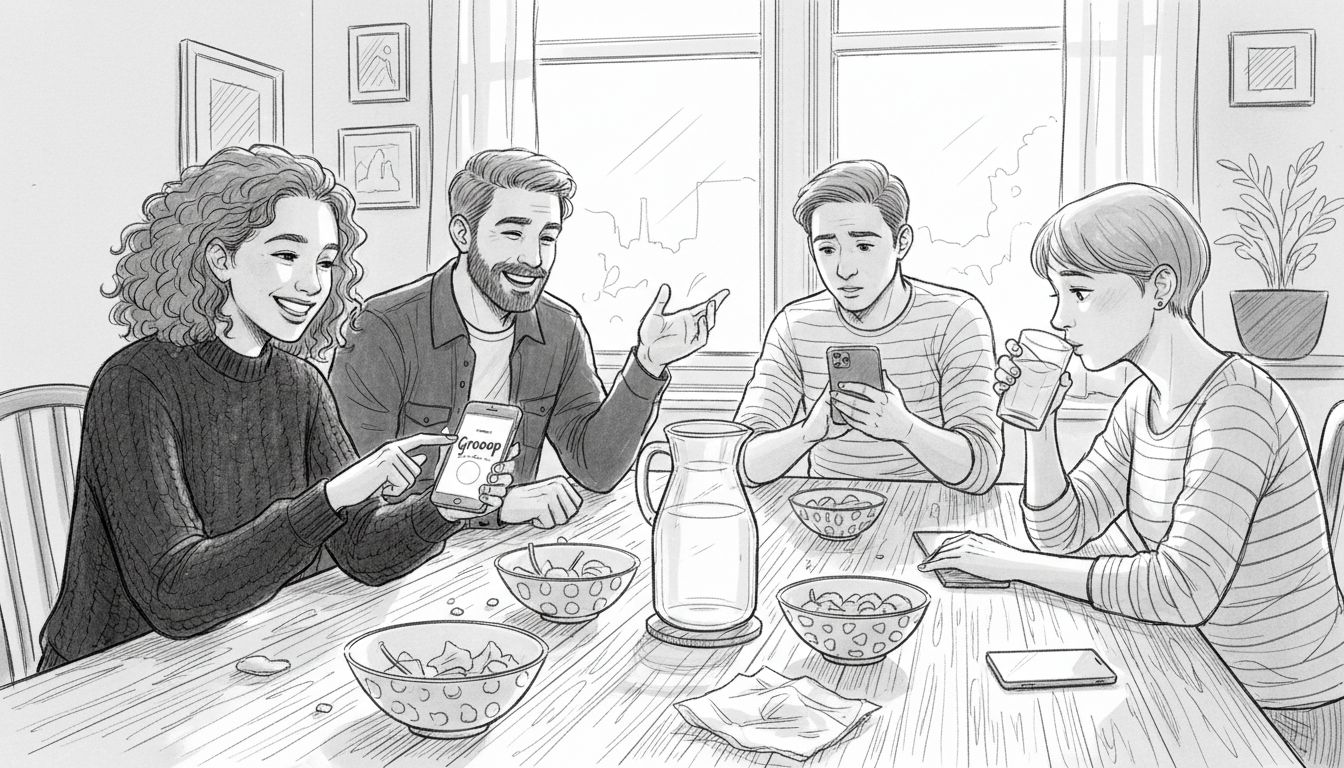 Friends organizing meetup with app at table