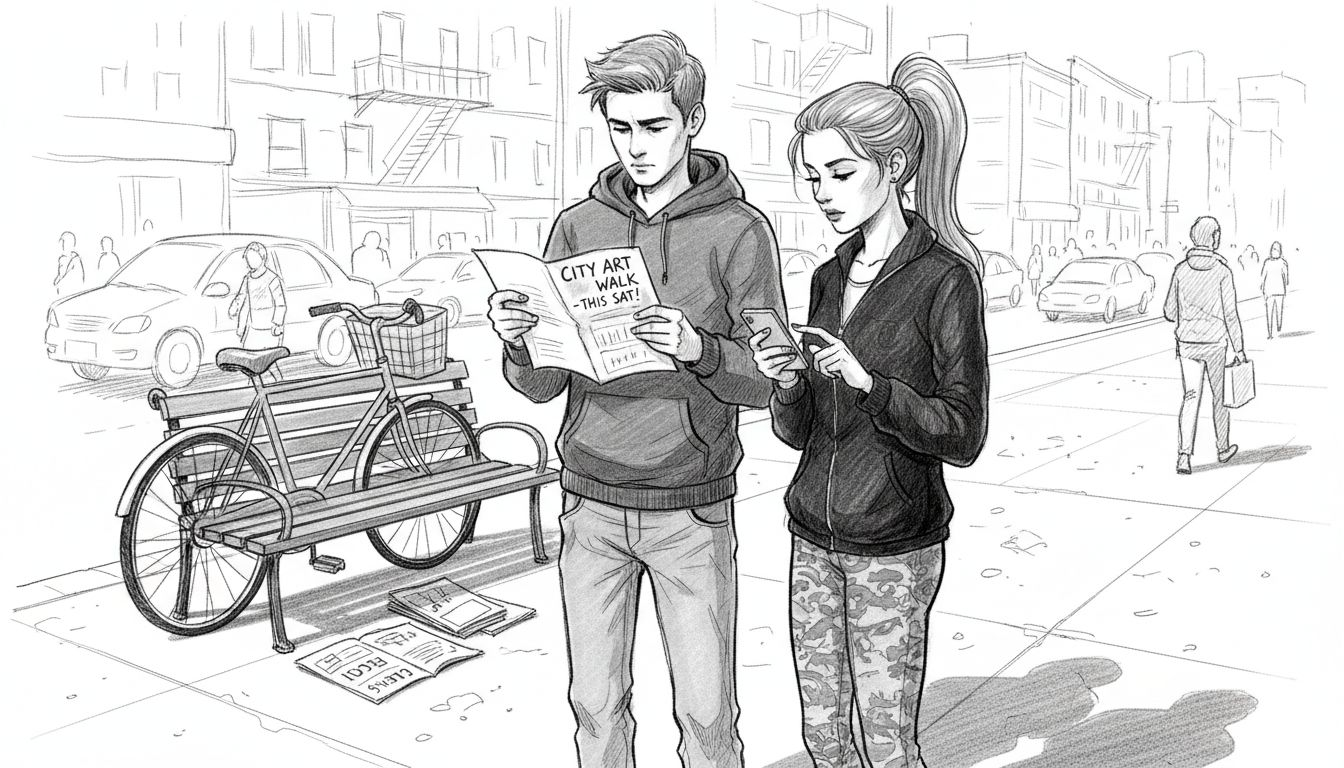 Young adults organizing events on city sidewalk